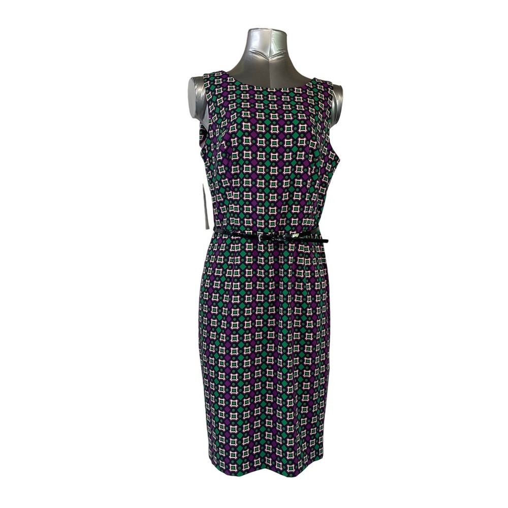 NWT Kasper Dress 14 Purple Green Geometric Mod Retro 60s 70s Sleeveless Sheath